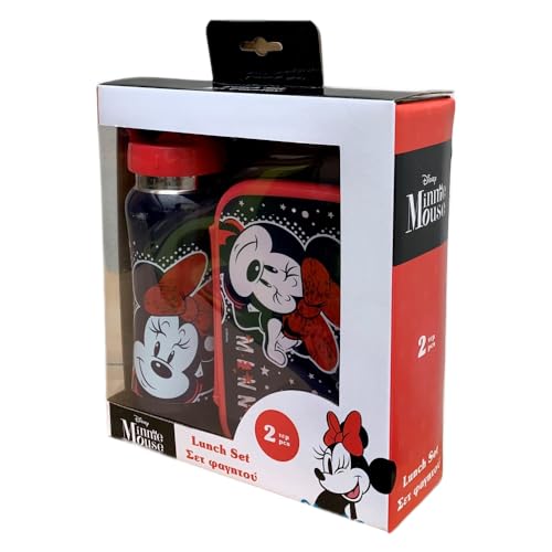 CARTOON Disney Minnie Maus 2-teiliges Brotdosen-Set für Mädchen, Aluminium, Trinkflasche & Brotdose mit klappbarem Ausgießer, 800 ml, 500 ml
