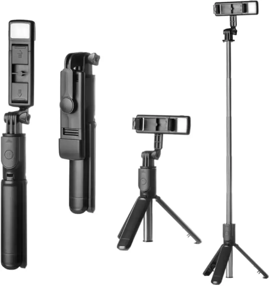 Bastão de Selfie Tripé com Luz LED e Controle Remoto Bluetooth - Rotação 360°, Extensível e Portátil para Celular, iPhone e Android | Ideal para Fotos, Vídeos, Lives e Vlogs
