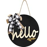 Hello Front Door Decor Wood Round Hello Wreaths Sign for Farmhouse, Wood Hanging Sign Farmhouse...