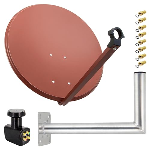 Premium X Satelliten-Komplettanlage 80cm Satellitenantenne Ziegelrot Satellitenschüssel Quad LNB Wandhalter 45cm, SAT 4 Teilnehmer