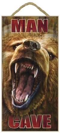 Man Cave (grizzly bear's mouth open) 5" x 10" PVC plaque, sign - Features the artwork of JQ Licensing