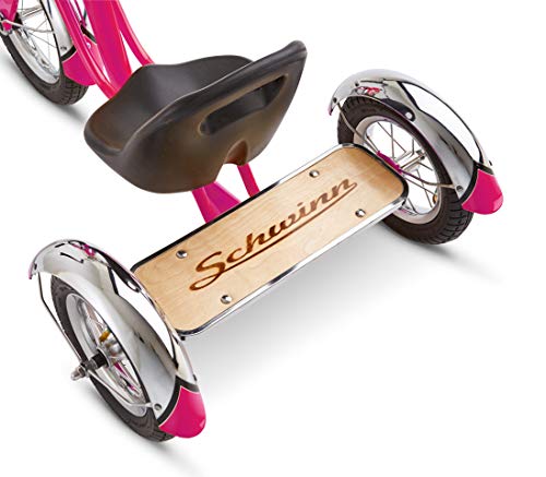 Schwinn Roadster Bike for Toddler, Kids Classic Tricycle, Low Positioned Steel Trike Frame w/ Bell & Handlebar Tassels, Rear Deck Made of Genuine Wood, Boys and Girls Ages 2-4 Year Old, Bright Pink
