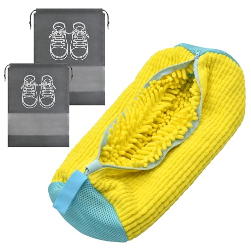 Shoe Washing Machine Bag,Laundry Shoe Bag Dense Fluffy Fibers can be 360° Wrap-Around Cleaning,Reusable and Durable Zipper Shoe Washing Bag for All Types Shoes and Sizes(Yellow 1pcs)