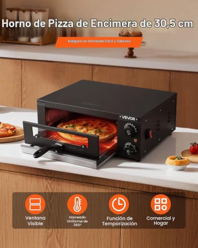 Miniatura 2 de Vevor Horno Eléctrico Para Pizza, Horno De Sobremesa, 25-300 C, 1450 W, Con Control De Tiempo Y Temperatura, Dos Resistencias Y Parrilla, Ideal Para Cocinas Y Hostelería, 475 X 536 X 187 Mm