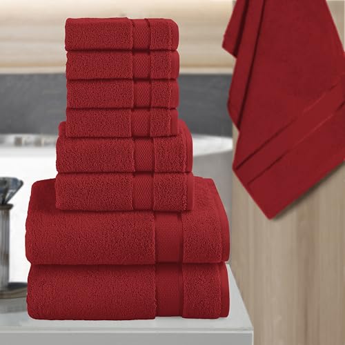 Image of Elegant Comfort Premium Cotton 8-Piece Towel Set, Includes 4 Washcloths, 2 Hand Towels and 2 Bath Towels, 100% Turkish Cotton - Highly Absorbent and Super Soft Towels for Bathroom, Burgundy