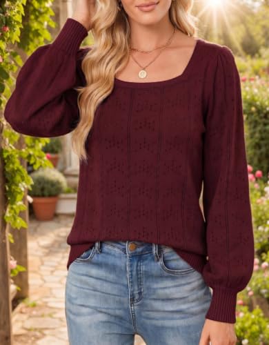 Image of HOTOUCH Sweaters for Women 2026 Fall Trendy Tops Casual Puff Sleeve Square Neck Cute Tunic Pullover Blouses XS-XXL