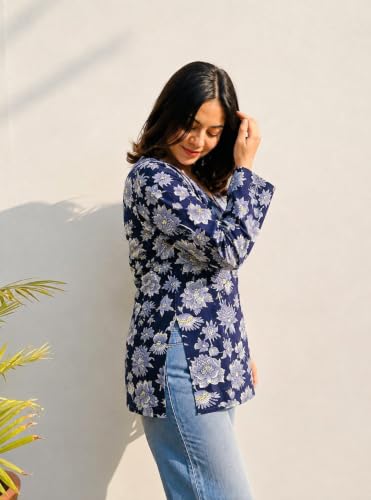 Image of Women Rayon Printed Short Kurti for Women | Floral V Neck Short Kurta Top | Full Sleeve Casual Kurti for Girls & Women