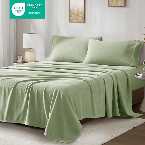 True North by Sleep Philosophy Micro Fleece Bed Sheet Set, Warm, Sheets with 14" Deep Pocket, for Cold Season Cozy Sheet-Set, Matching Pillow Case, Cal King, Green, 4 Piece by True North by Sleep Philosophy - Image 2