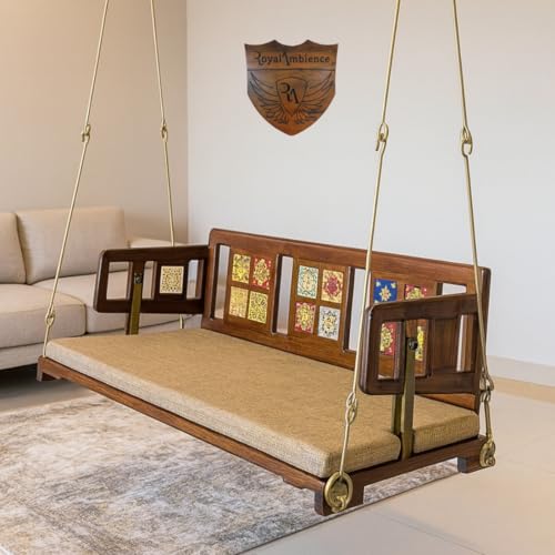 Image of Wooden /Jhula Reversible Tile with Brass Coated Chain Swing Without Cushion- Mannu (40 Inch)