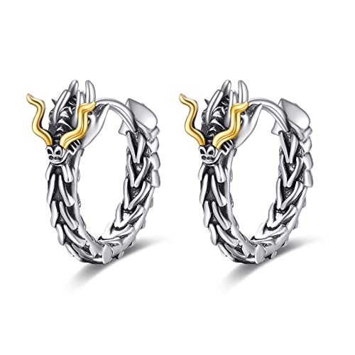 POPLYKE Dragon Hoop Earrings 925 Sterling Silver Small Vintage Gothic Punk Rock Hoop Earrings Men