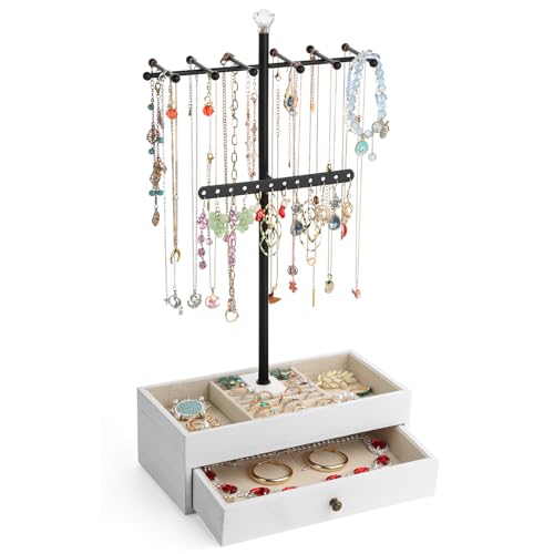 Meangood Jewelry Organizer Stand, 3-Tier Necklace Holder Jewelry Tree with Wooden Storage Drawer Box for Necklace Bracelet Earring Ring,White by Meangood - Used condition - US$16.79