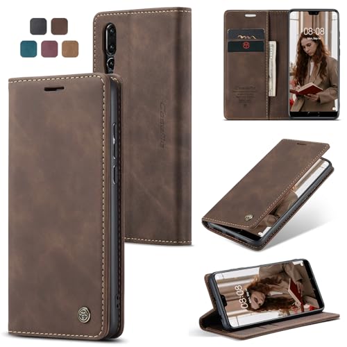 Cracedily Handyhülle für Huawei P20 Pro Hülle Klapphülle Premium Lederhülle Klappbar Flip Case Tasche Magnet Kartenfach Standfunktion Klapphülle Schutzhülle für P20 Pro 6.1 Zoll Kaffee