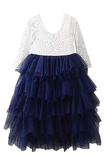 Topmaker Backless A-line Lace Back Flower Girl Dress (3T, Non-Beaded-Sleeve-Navy)