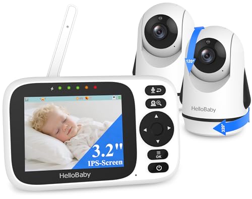 HelloBaby Video Baby Monitor with 2 Cameras and Night Vision, 3.2" Screen - Pan Tilt Zoom Dual Cameras, Video Baby Monitors No WiFi, 2-Way Talk, Temperature, ECO,1000ft Range, Travel Portable HB6339-2
