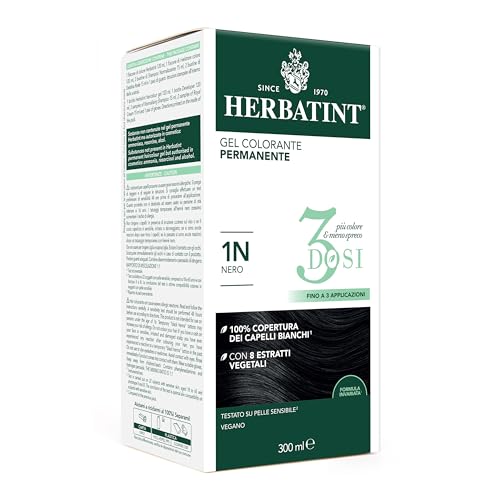 Herbatint Gel colorante permanente 3 dosis, 300 ml – 1N negro, sin amoniaco, para pieles sensibles, 100% cobertura de cabellos blancos, con 8 extractos naturales biológicos