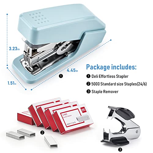 EZWORK No Effort Stapler, 25 Sheet Capacity with 5000 Staples and Staple Remover Set, One Finger Stapling, Desktop Stapler for Home Office (Blue, 25 Sheets)