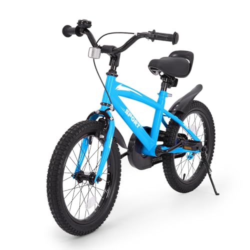 Kids Bike, 16IN Bike Bicycle for Boys Girls with Adjustable Seat, Kickstand &Training Wheels, Handbrake & Coaster Brake, Fenders & Pump for Rider 41 to 46 Inch (Blue) by BODIOO - Used condition - CA$82.90