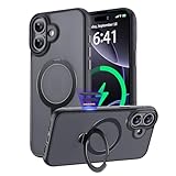 KISECASE 【カメラコントロールカバー ボタン保護・360度回転スタンド 】iPhone 16 用 ケース magsafe対応 ワイヤレス充電 磁気リング マグネット搭載 埃防止 耐衝撃 耐久性 黄ばみ防 滑り止め 落下保護 傷防止 携帯ケース アイフォン16 用 カバー リング ストラップホール マット仕上げ 指紋防止 (半透明＋ブラック, iPhone 16 用)
