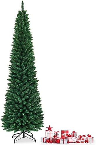 GYMAX 5FT 6FT 7FT 8FT Green Pencil Slim Christmas Tree, Artificial Traditional Xmas Tree, Indoor Outdoor Christmas Decoration (240 cm/8 ft)