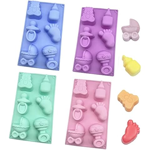 DD-life 4 Pcs Baby Shower Party Silicone Mold,Bear Pacifier Little Feet Feeding Bottle Baby Carriage Silicone Fondant Mold for Chocolate,Soap,Sugar,Polymer Clay(1Purple,1Pink,1Green,1Blue) Cover