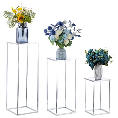 Silver Centerpieces For Table Vase Stand - Set Of 3 Tall Vases For Centerpieces, Columns Metal Flower Stand Floor Vase, Geometric Wedding Centerpieces For Tables, Birthday Party, Ceremony, Home Decor #TOP11
