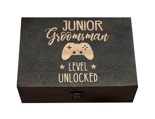 Junior Groomsman Gaming-Themed Laser-Engraved Wooden Box, Script and Block Lettering