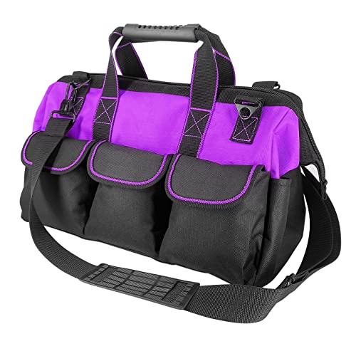 Oseeny 16-inch for women purple Tool Bag Non-slip feet adjustable shoulder strap 14 functional insert pockets,large capacity Men's heavy-duty toolbox,for electricians, carpentry,gardening (Purple)
