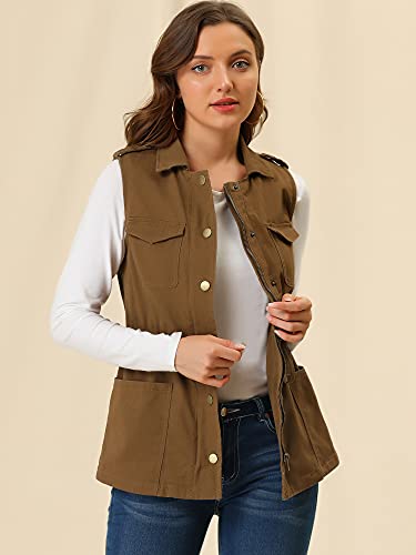 Allegra K Women Functional Pockets Drawstring Waist Cargo Vest X-Small Brown #TOP24