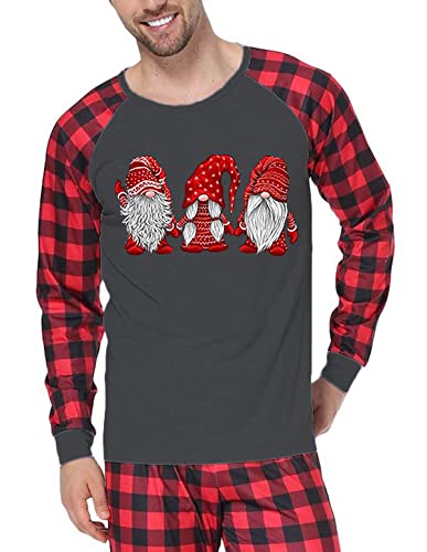 Merry Christmas Gnome Shirt for Men Long Sleeve Buffalo Plaid Graphic Christmas Pajamas Holiday Top T-Shirt