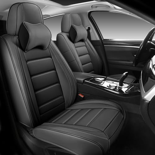 BABYBLU Nappa Leather Car Seat Covers Front Seats Only, with Headrest Pillow, Universal Automotive Seats Protector Fit for 2 Seats, for Most Vehicles SUV Pick-up Truck-Full Coverage(Black-2pcs)