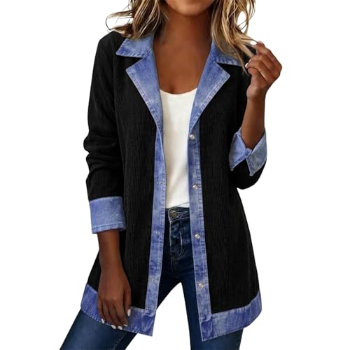 Denim Cardigan for Women Patchwork Collared Knit Shirt Jacket