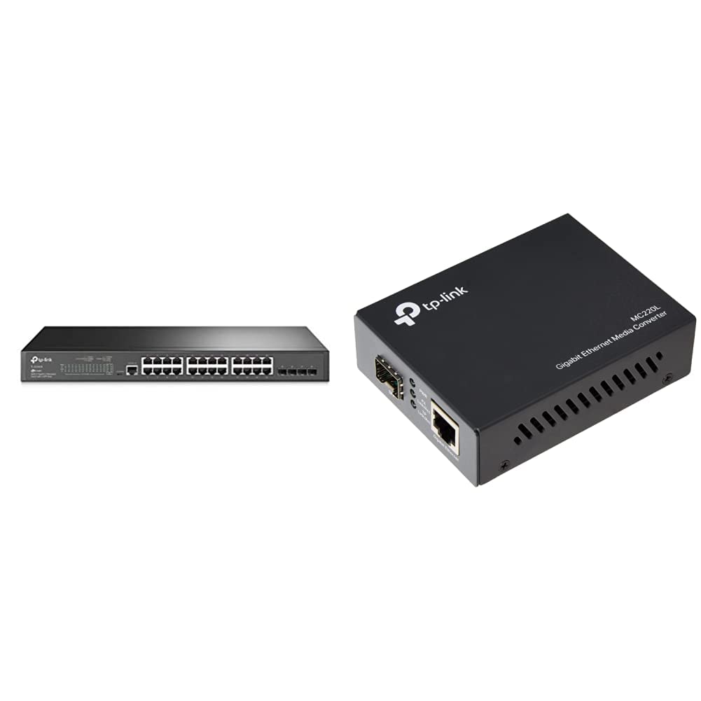 TP-Link TL-SG3428 24-Port Gigabit L2 Managed Netzwerk LAN Switch mit 4 SFP-Slots, schwarz & MC220L Gigabit-Ethernet-Medienkonverter (802.3ab, 802.3z, Hot-Swap) schwarz metallic