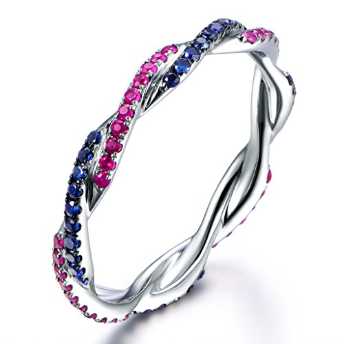 Red Ruby Blue Sapphire 14K White Gold Stackable Stacking Matching Engagement Ring Wedding Bridal Band Art #TOP4