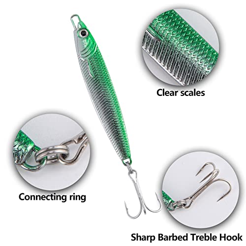 Dr.Fish Metal Sea Fishing Lures Sliver Green Minnow Spoon Lures Set of 3 Sea Fishing Tackle Mackerel Cod Sea Bass Pike Stinger Spinner Lures Metal Jigs 30g - Image 3