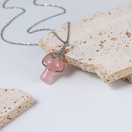 tenghong2021 Mushroom Crystal Necklace Wire Wrapped Crystal Mushroom Pendant Necklace for Women Jewelry Gifts-Rose Quartz - Image 5