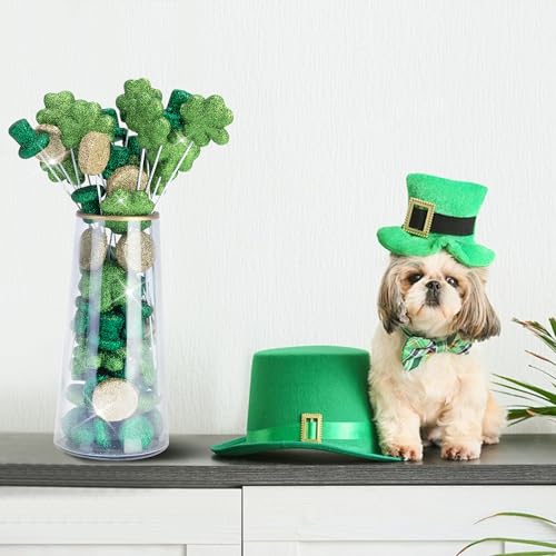 60 Glitter Foam St. Patrick's Day Vase Filler and 20 Sticks, Irish Glitter Green Shamrocks Ornament for Vase Filler, Top Hat Coins Lucky Shamrocks Foam Table Scatter for Centerpiece Party Home Decor by Watayo - Image 6