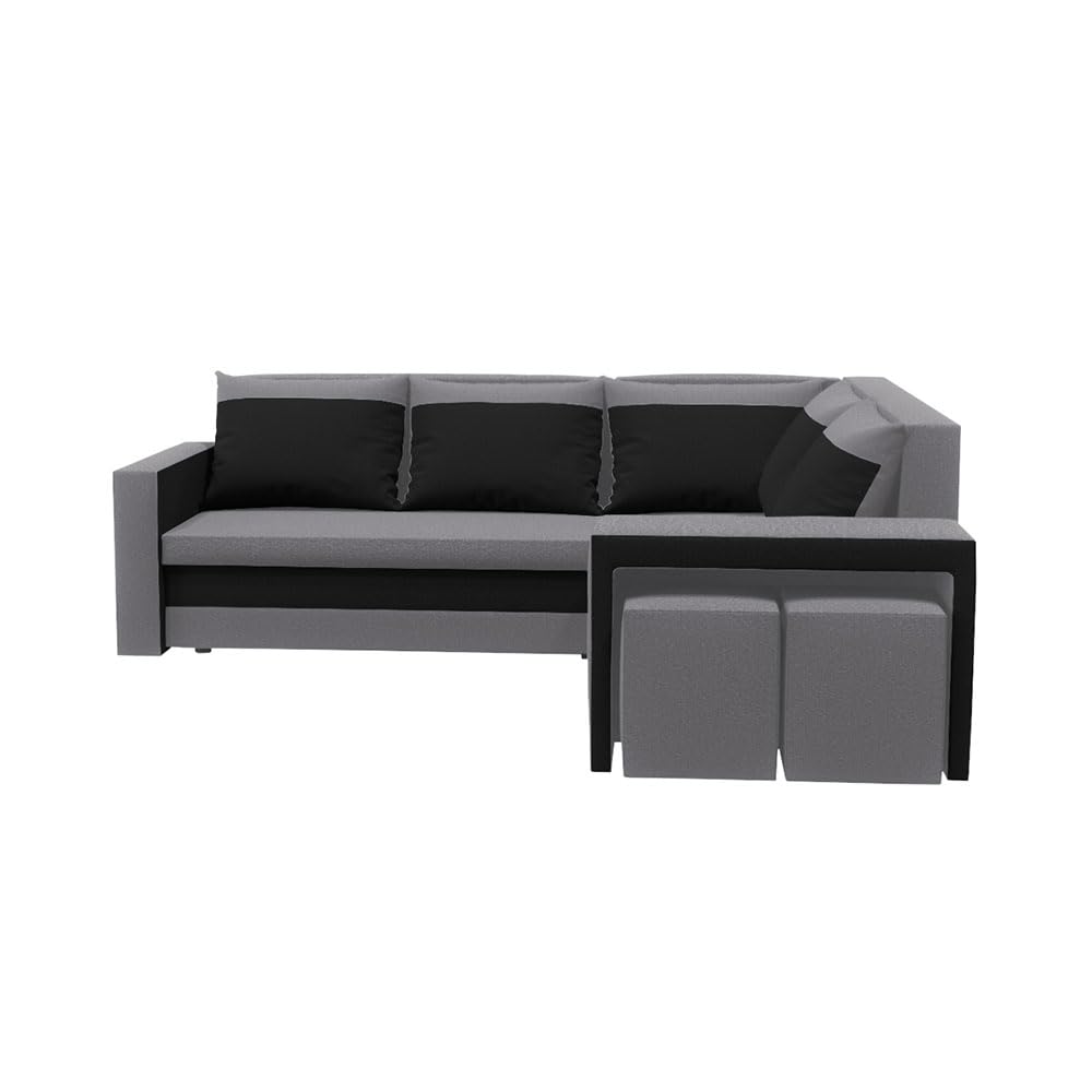 Malabo L Ecksofa mit Schlaffunktion und Bettkasten L-Form 220x202 cm – Sofa mit 2 Hockern, Regal im Seitenteil & Stauraum (Komfort, Grau-Schwarz)