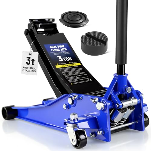 3 Ton Low Profile Floor Jack Heavy Duty Hydraulic Car Truck Jack | Dual Pistons Quick Lift Pump, Includes 2 Rubber Pads, Lifts 2.95'-21.06' with Pad, Home Garage and Workshop Car Maintenance