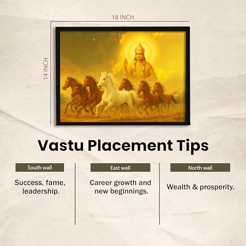 Image of Divine 7 Running Horses Vastu Framed Wall Art Painting for Living Room | Golden Spiritual Seven Horse Painting With Frame Symbol of Positivity & Progress Wall Art for Home & Office, 14x18 Inch