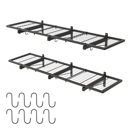 OSIEWEN 2-Pack 1x4ft Heavy Duty Garage Wall Shelving, 320 lbs Load Capacity, Garage Shelving Wall Mounted with 8 Hooks, Garage Storage Rack Floating Shelves for Laundry Room, Kitchen, Shed