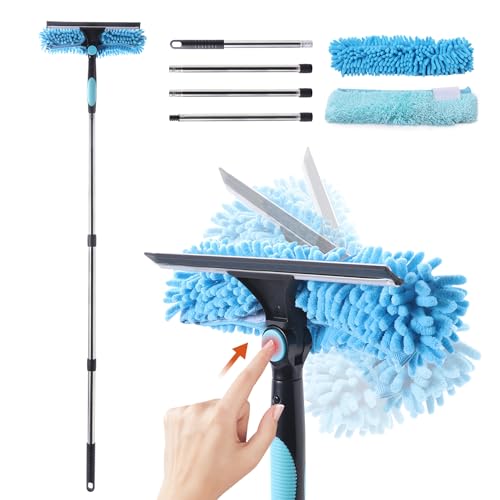 CLEANHOME Window Cleaning Equipment,2-in-1 Squeegee & Cleaning Cloths for high windows, ceilings, car windows cleaning, Segmented Threaded Irons - Adjustable up to 64.96in, 180° Swivelling Panel