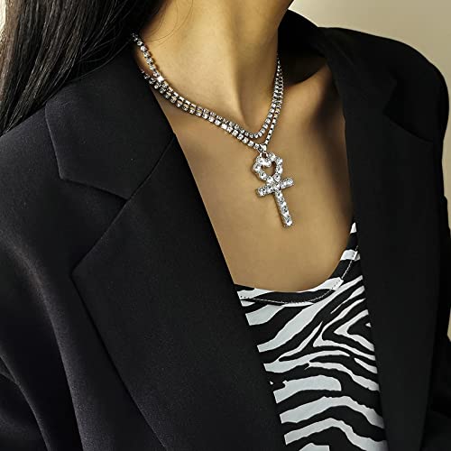 Collier double couche serti de strass cubiques de zirconium avec croix rétro - 3