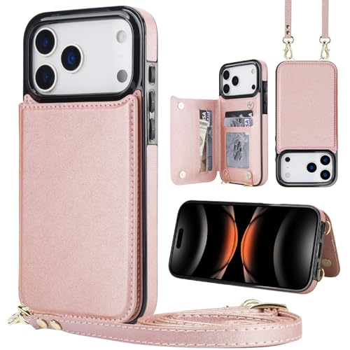 Étui iPhone 17 Pro or rose housse portefeuille à rabat en cuir avec bandoulière