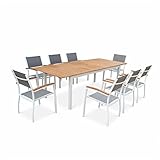 Alice's Garden - Muebles de jardín de Madera - Sevilla Mesa Extensible de Aluminio 200/250cm con extensión, 8 sillas, en Aluminio, Madera de eucalipto FSC aceitada y Textil Gris Pardo