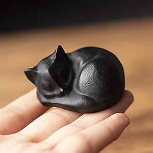 OwMell 2″ Natural Black Obsidian Sleeping Cat Statue Hand-Carved Healing Stone Gemstone Kitten Statue Figurine