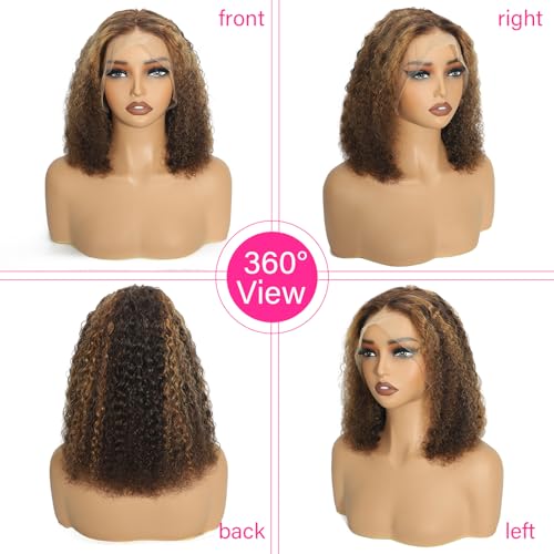 Image of SOEZ 12 Inch Highlight Ombre Bob Wig Human Hair 13x4 Deep Wave Lace Front Wigs Human Hair Honey Blonde Short Curly Bob Wig 4 /27 Water Wave Human Hair Wig 180% Density Wet Wavy Colored Wig for Women