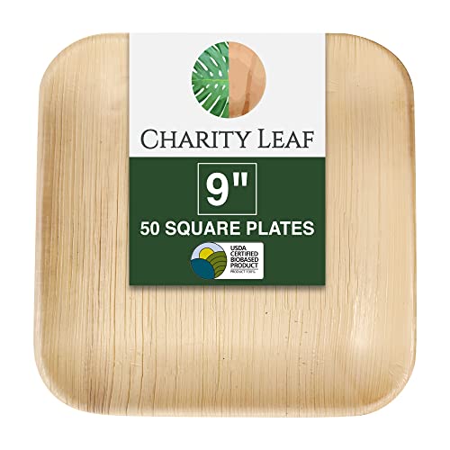 Charity Leaf Disposable Palm Leaf 9" Square Plates (50 pieces) Bamboo Like Serving Platters, Disposable Boards, Eco-Friendly Dinnerware For Weddings, Catering, Events