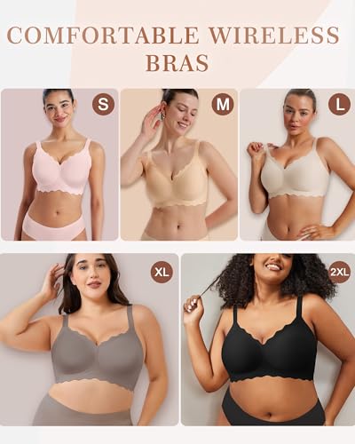 Womens Full Coverage Wire Free Bra - Plus Size Bras with Support and Lift Scalloped Everyday Comfort Bralettes