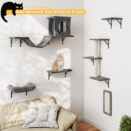 NUNU LAB Cat Wall Shelves, 6 Pcs Luxury Wall-Mounted Cat Climber Set, Indoor Cat Furniture with 1 Condos House, 2 Cat Wall Shelves, 1 Scratching, 1 Bridge Ladder, 1 Scratching Pad, Dark Gray - Thumbnail 3