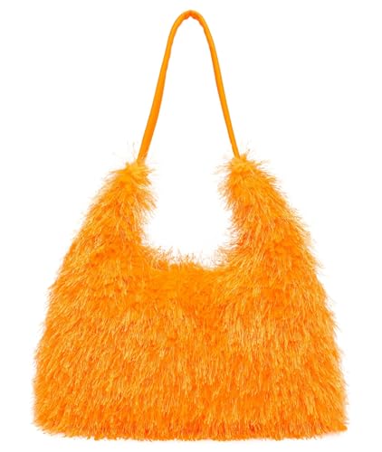 Large Furry Hobo Shoulder Crossbody Bag for Women Faux Fur Fuzzy Plush Purse and Handbag With Long Chain Strap (Orange)